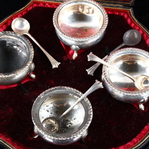 430 - An Edwardian silver 4-piece salt cellar cruet set, bulbous circular form with gadrooned rims and Alb... 