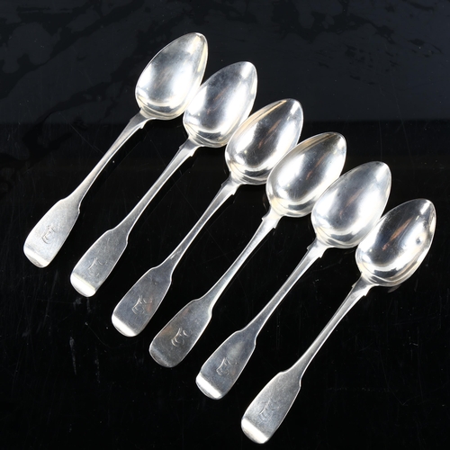 432 - A set of 6 William IV Irish silver Fiddle pattern teaspoons, by James Brady, hallmarks Dublin 1834, ... 