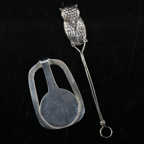 434 - A Danish silver novelty figural owl cheroot holder, and a Danish silver modernist money clip, by Hor... 