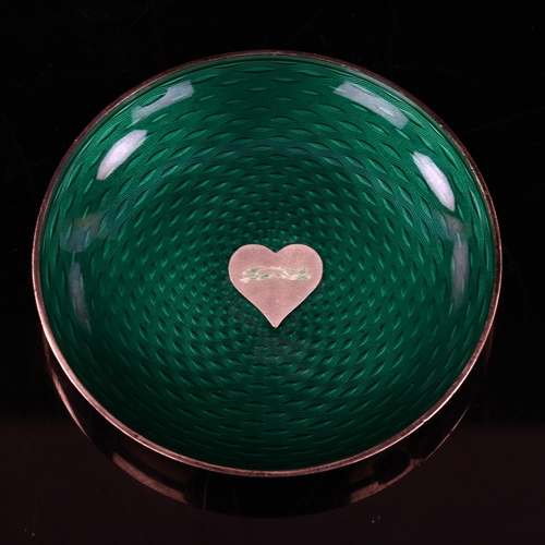 437 - EGON LAURIDSEN - a Vintage Danish sterling silver and green enamel pin dish, with dog and heart moti... 