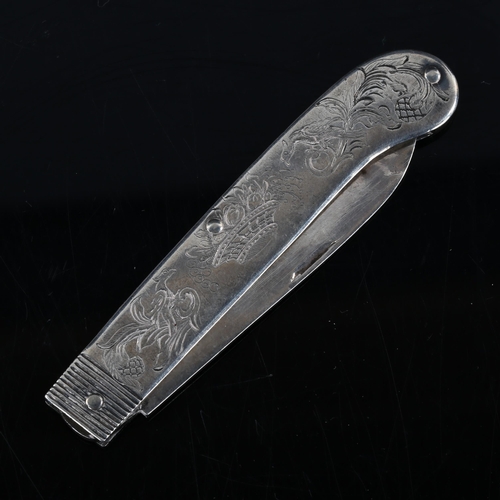 438 - A mid-19th century Russian silver fruit knife, engraved flower and bird decoration, dated 1848, make... 