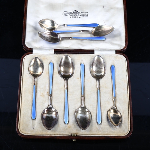 443 - A set of 6 silver and blue enamel teaspoons, hallmarks Birmingham 1929, and a set of 3 Danish silver... 