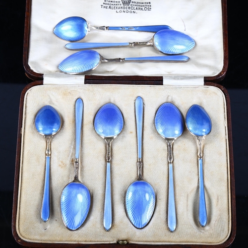 443 - A set of 6 silver and blue enamel teaspoons, hallmarks Birmingham 1929, and a set of 3 Danish silver... 