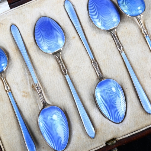 443 - A set of 6 silver and blue enamel teaspoons, hallmarks Birmingham 1929, and a set of 3 Danish silver... 