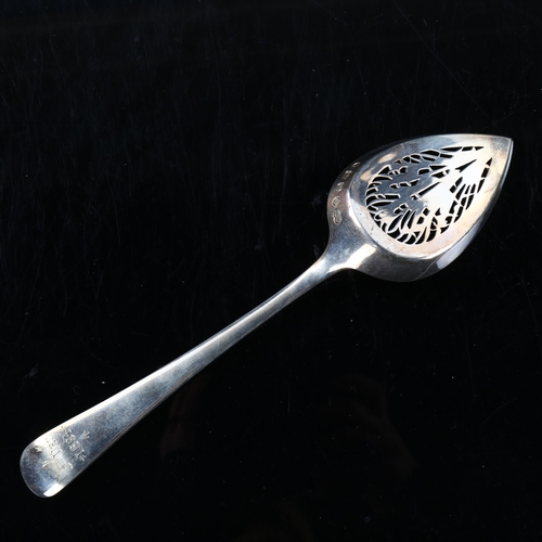 444 - A cased Victorian silver Old English pattern serving spoon, beaded edge with pierced and gilded bowl... 