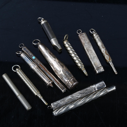 452 - Various propelling pencils and whistles, including 5 silver examples