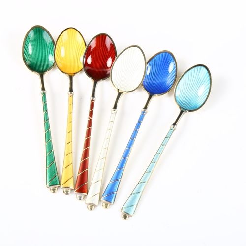 459 - EGON LAURIDSEN - a set of 6 Danish vermeil sterling silver and harlequin enamel coffee spoons, with ... 