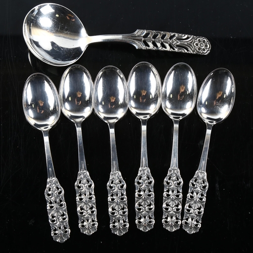 460 - A group of Norwegian silver spoons, comprising set of 6 teaspoons and 1 preserve spoon, length 13cm,... 