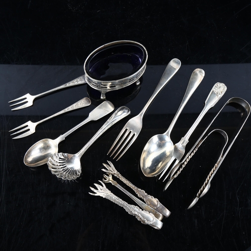 469 - Various silver, including salt cellar, cutlery, sugar tongs, sifter spoon etc, 12.9oz weighable