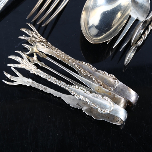 469 - Various silver, including salt cellar, cutlery, sugar tongs, sifter spoon etc, 12.9oz weighable