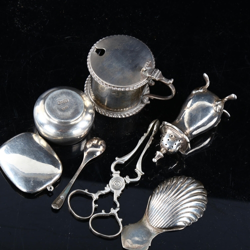 470 - Various silver, including caddy spoon, sugar nips, Russian salt, Elkington mustard pot etc, 6.4oz we... 