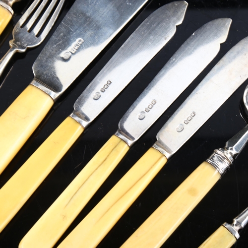 471 - A set of George VI silver-bladed ivory-handled fish eating cutlery, comprising serving set, 5 forks ... 