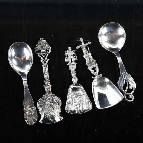 474 - 5 Danish and Dutch silver tea caddy spoons, circa 1920 - 1950, largest length 11.5cm, 2.4oz total (5... 