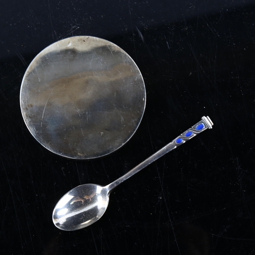 480 - LIBERTY & CO - an Elizabeth II silver and blue enamel coffee spoon, and an Edwardian circular silver... 