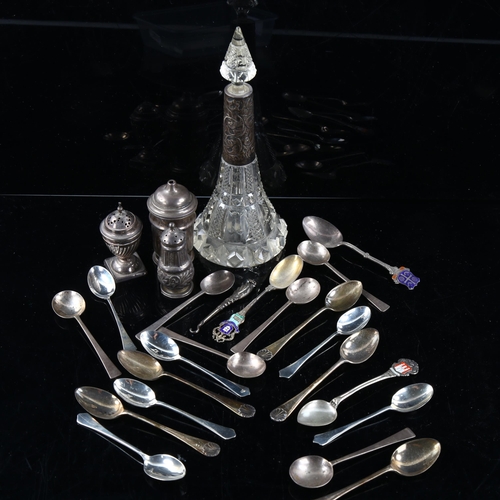 482 - Various silver, including teaspoons, cruets, glass dressing table perfume jar etc, 8.4oz weighable