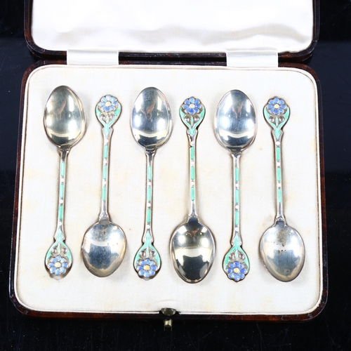 490 - A set of 6 George V Art Deco silver and enamel floral coffee spoons, by Turner & Simpson, hallmarks ... 