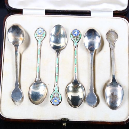 490 - A set of 6 George V Art Deco silver and enamel floral coffee spoons, by Turner & Simpson, hallmarks ... 