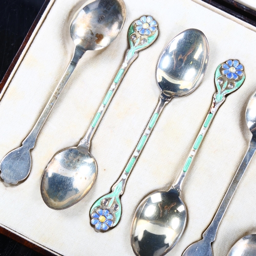 490 - A set of 6 George V Art Deco silver and enamel floral coffee spoons, by Turner & Simpson, hallmarks ... 