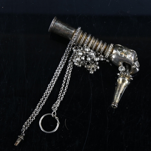 496 - An unusual Eastern unmarked silver figural hand opium pipe, with stopper, length 9.5cm, 1.9oz