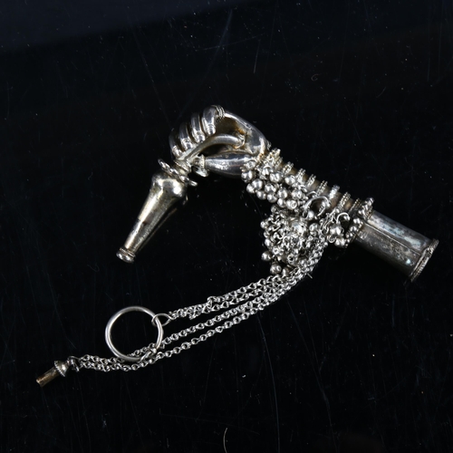 496 - An unusual Eastern unmarked silver figural hand opium pipe, with stopper, length 9.5cm, 1.9oz