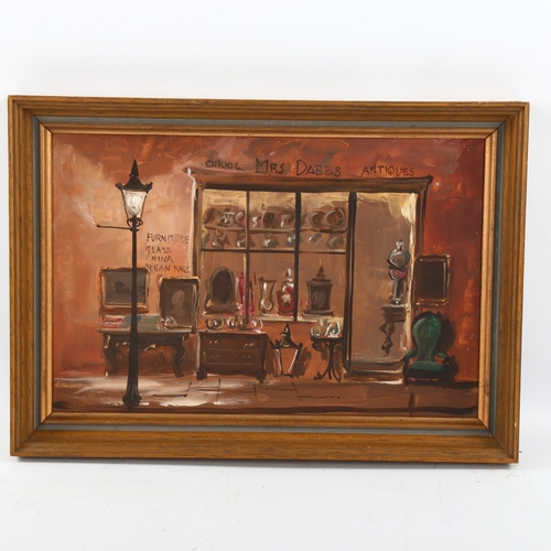 1561 - Deborah Jones (1921 - 2012), oil on board, Mrs Dabbs Antiques Shop, inscribed verso, 20cm x 30cm, fr... 