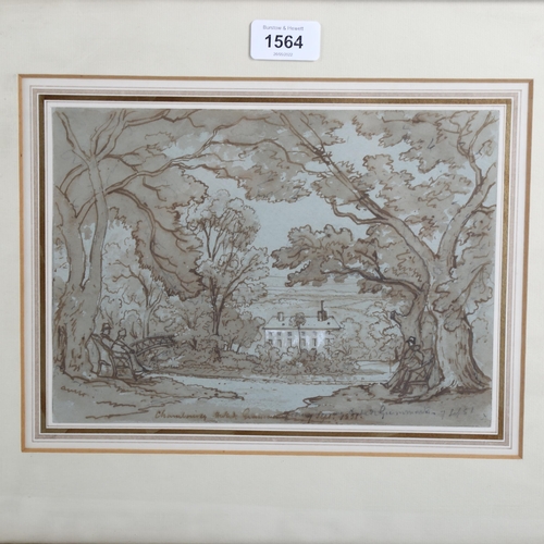 1564 - 19th century ink and wash view towards a country house, indistinct inscription dated 1851, together ... 