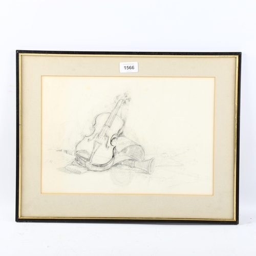 1566 - Arthur Hayward (1889 - 1962), pencil/ink sketch of musical instruments, 24cm x 36cm, framed