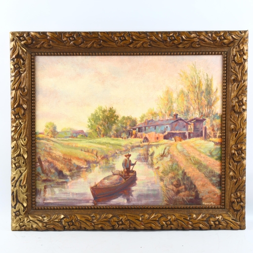 1573 - Henry Fox, oil on board, man in a boat, signed, 45cm x 55cm, framed