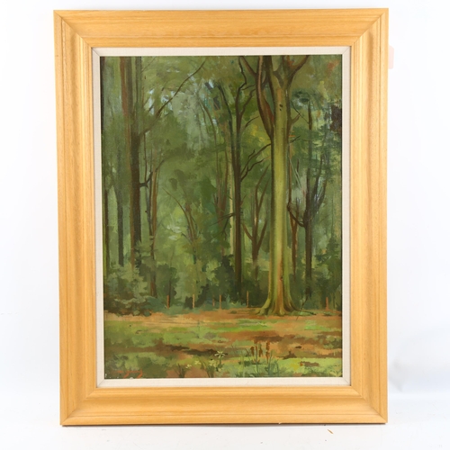 1579 - Maud Gerard, oil on canvas, woodland scene, signed with artist's labels and inscriptions verso, 60cm... 