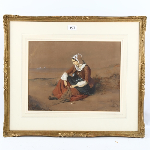 1582 - 19th century watercolour, fisherwoman at the shore, signed with monogram, 30cm x 40cm, framed