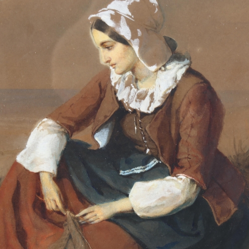 1582 - 19th century watercolour, fisherwoman at the shore, signed with monogram, 30cm x 40cm, framed