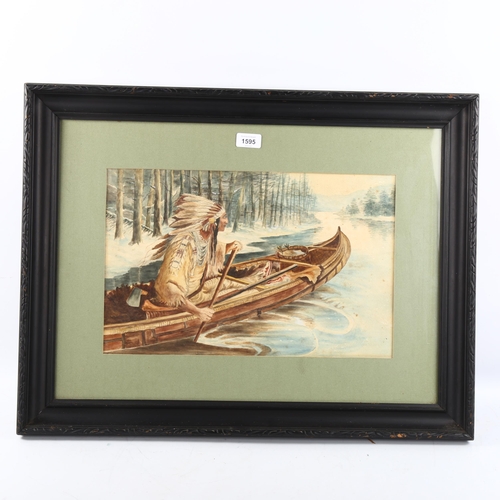 1595 - Early 20th century Canadian School, watercolour, Native in a canoe, unsigned, 29cm x 44cm, framed