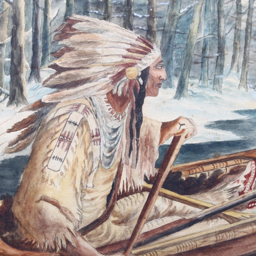 1595 - Early 20th century Canadian School, watercolour, Native in a canoe, unsigned, 29cm x 44cm, framed