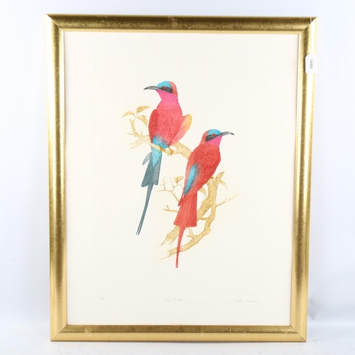 1605 - Martin Woodcock, colour etching, Carmine bee eaters, signed in pencil, no. 3/50, plate 58cm x 40cm, ... 