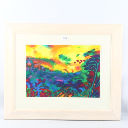 1610 - Coloured pastel, abstract sunset, indistinctly signed, 30cm x 41cm, framed