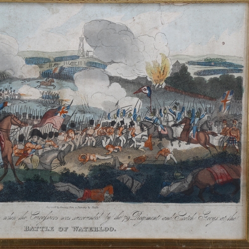 1668 - 19th century hand coloured engraving, Battle of Waterloo, image 15cm x 26cm, framed