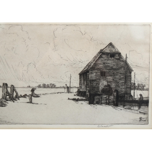 1674 - Douglas Smart, 2 etchings, the net shed, 19cm x 33cm, and Sussex barn, 7cm x 14cm, framed