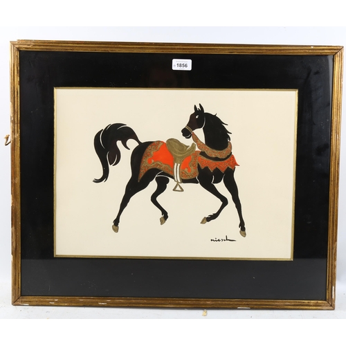 1856 - A pair of watercolours with gilding, studies of Arab horses, indistinctly signed, 34cm x 48cm, frame... 