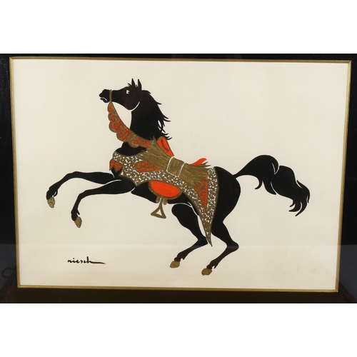 1856 - A pair of watercolours with gilding, studies of Arab horses, indistinctly signed, 34cm x 48cm, frame... 