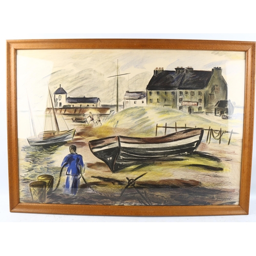 1859 - Norah McGuinness, lithograph, fishing scene, 55cm x 80cm, framed