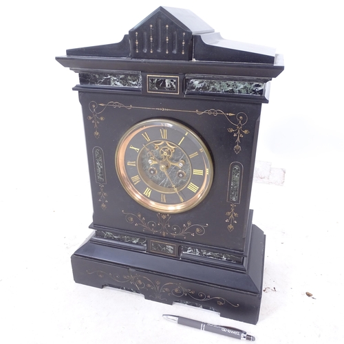 2171 - A Victorian black slate 8-day mantel clock, with open escapement and gilded decoration, H44cm, with ... 