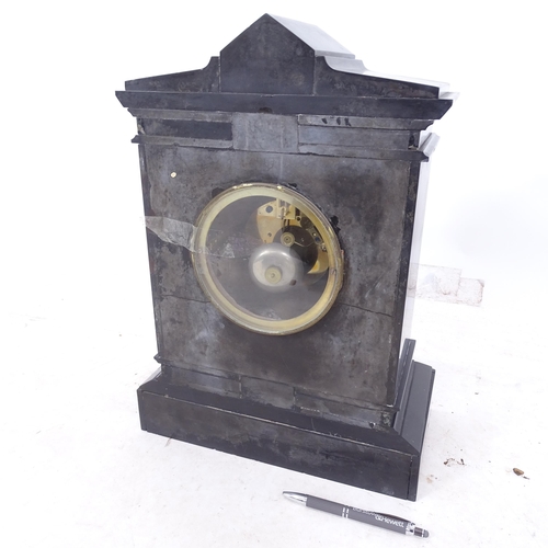 2171 - A Victorian black slate 8-day mantel clock, with open escapement and gilded decoration, H44cm, with ... 