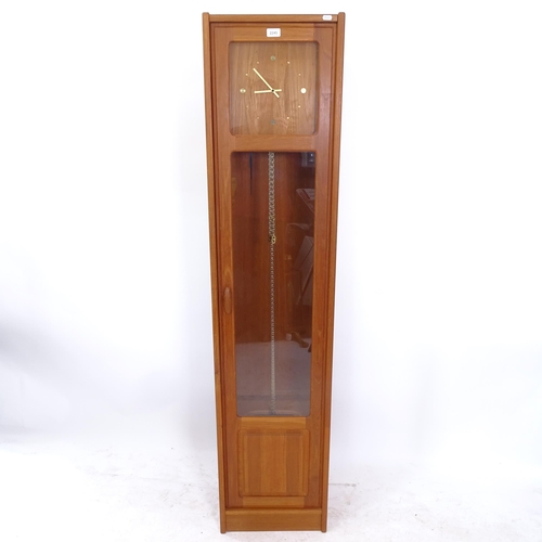 2174 - A Durlund mid-century teak longcase clock, W40cm, H180cm, D30cm, with weights and pendulum