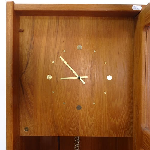 2174 - A Durlund mid-century teak longcase clock, W40cm, H180cm, D30cm, with weights and pendulum