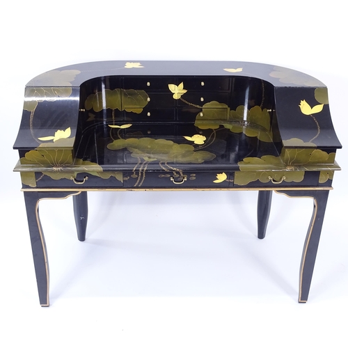 2255 - A modern Carlton House style black lacquered writing desk with chinoiserie decoration, and fitted wi... 