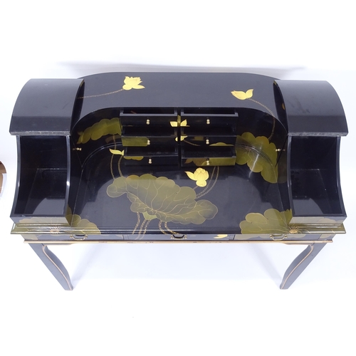 2255 - A modern Carlton House style black lacquered writing desk with chinoiserie decoration, and fitted wi... 