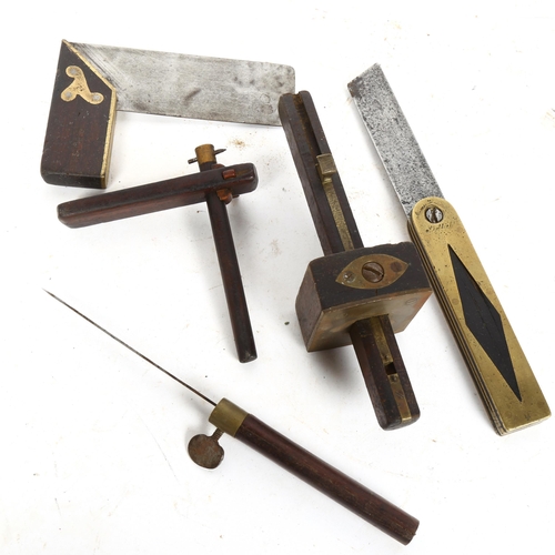 108 - A group of Antique rosewood and brass tools, including set square, mortice gauge etc