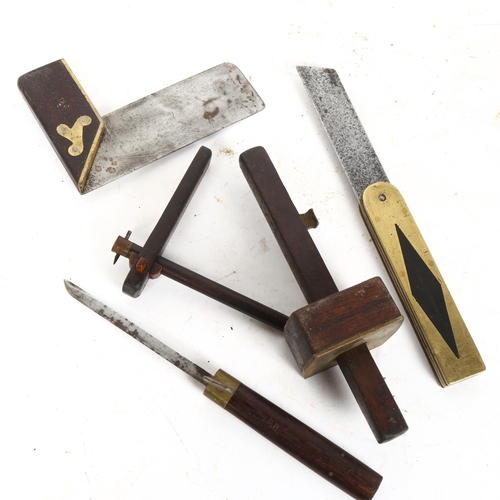 108 - A group of Antique rosewood and brass tools, including set square, mortice gauge etc