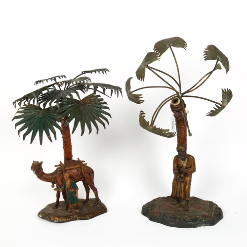 114 - 2 Austrian cold painted spelter Arab table lamps, depicting figures under palm trees, height 37cm (2... 