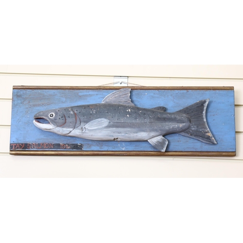 115 - A carved and painted wood Tay salmon wall sculpture, 25cm x 78cm